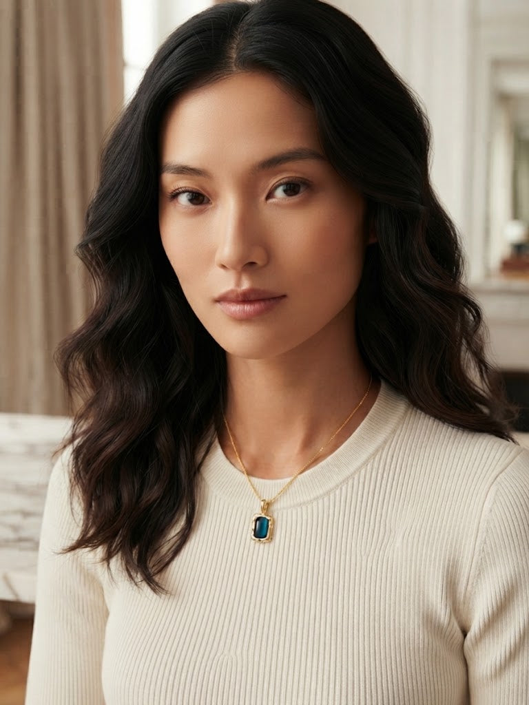 FAISANE Emerald Cut Blue Pendant Necklace